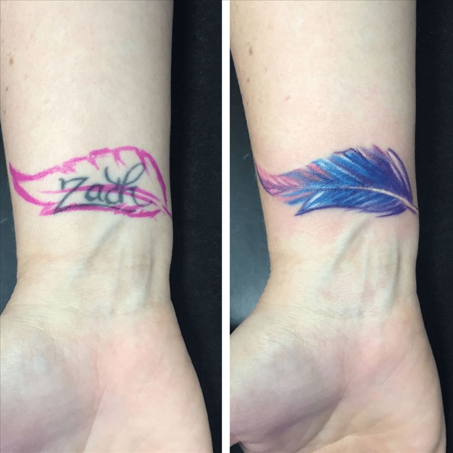 Before and after of a feather coverup tattoo on a wrist